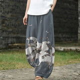 Michèle – Pantalon large gris à motif d'oiseau