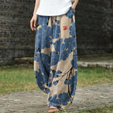 Geneviève – Pantalon large beige à motif bleu