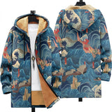 Victorine - Manteau à capuche à vagues japonaises bleu et orange