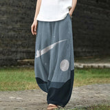 Aurore – Pantalon large bleu gris à motif de chat et de lune