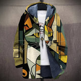 Zénaïde - Manteau à capuche à chat cubiste olive et jaune