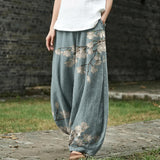 Iseult – Pantalon large à motif de feuilles bleu clair