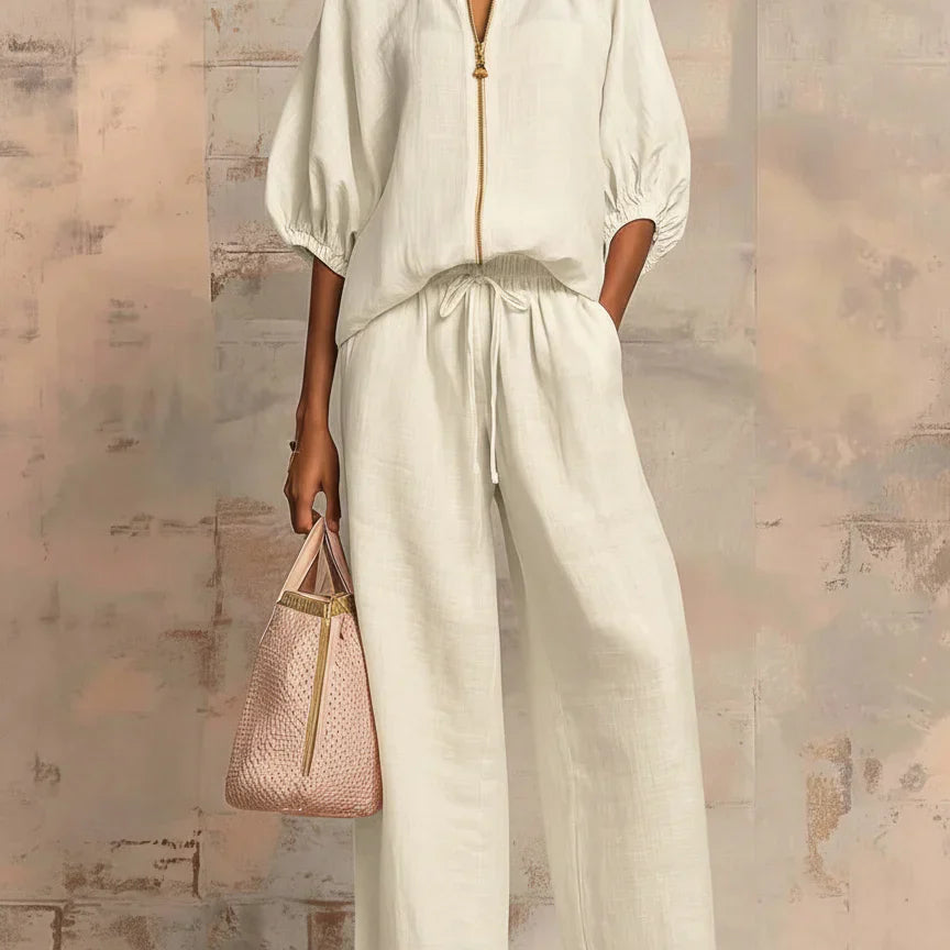 Aline - Ensemble de deux pièces : Chemise de style décontracté et pantalon à jambe large