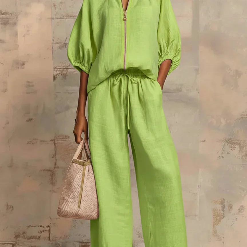 Aline - Ensemble de deux pièces : Chemise de style décontracté et pantalon à jambe large