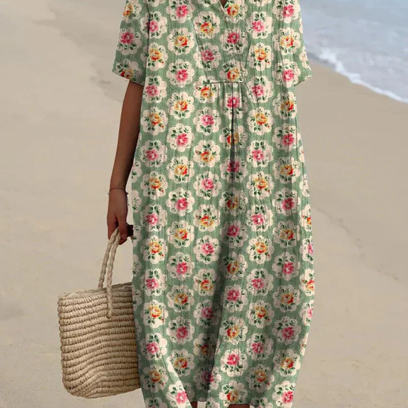 Eulalie - Robe Florale Rétro en Vert D'eau